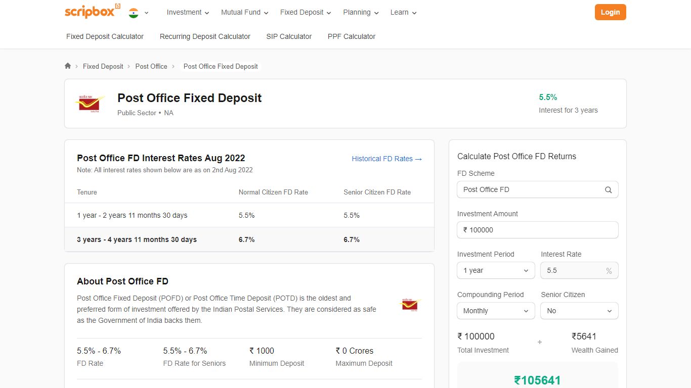 Post Office FD Rates 2022 : Current Interest Rate 6.7%, Schemes - Scripbox